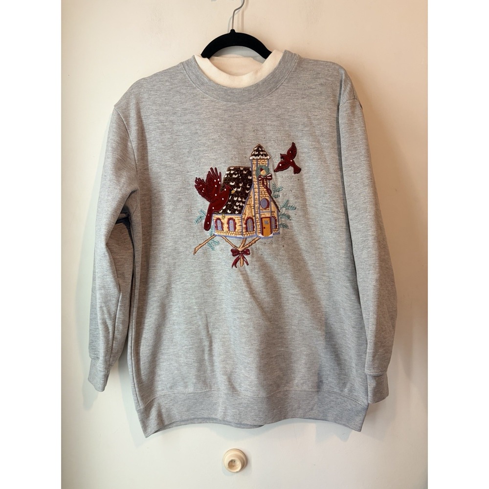 Vintage Bobbie Brooks Birdhouse Sweatshirt Embroidered Birds‎ Medium Cottagecore